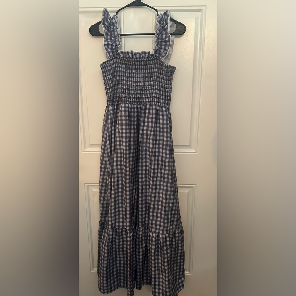 Blue Gingham Smocked Maxi Dress with Ruffle Straps